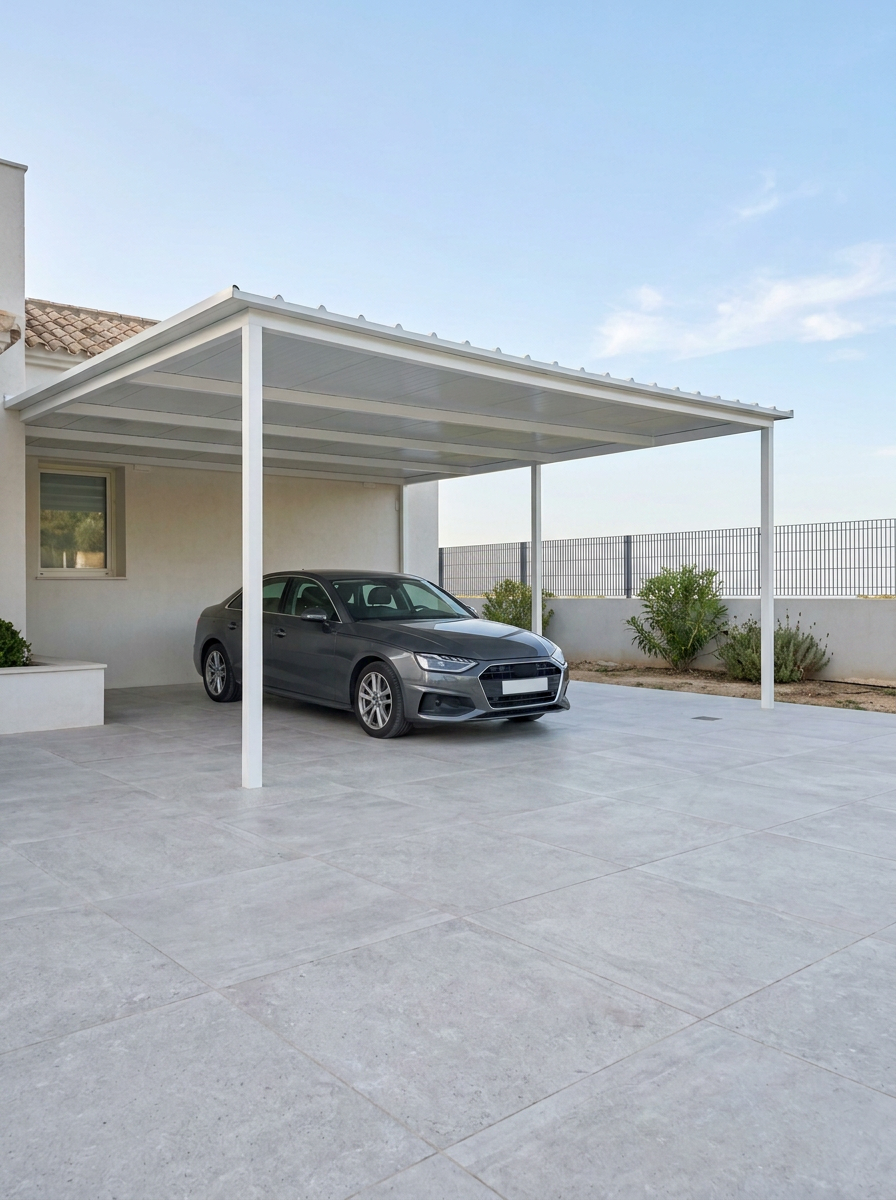 Metal carport structure with mountain views behind