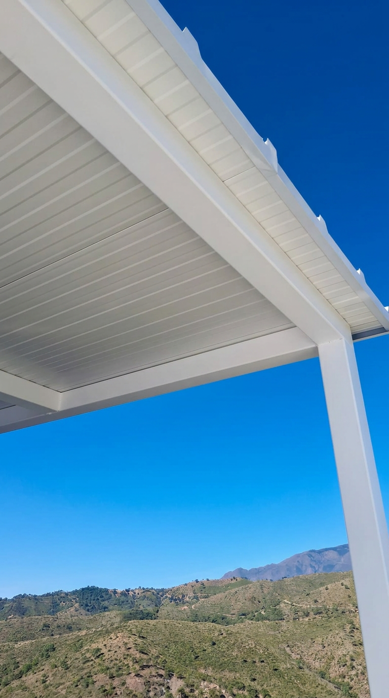 Close-up of a slatted metal roof and clean white beams