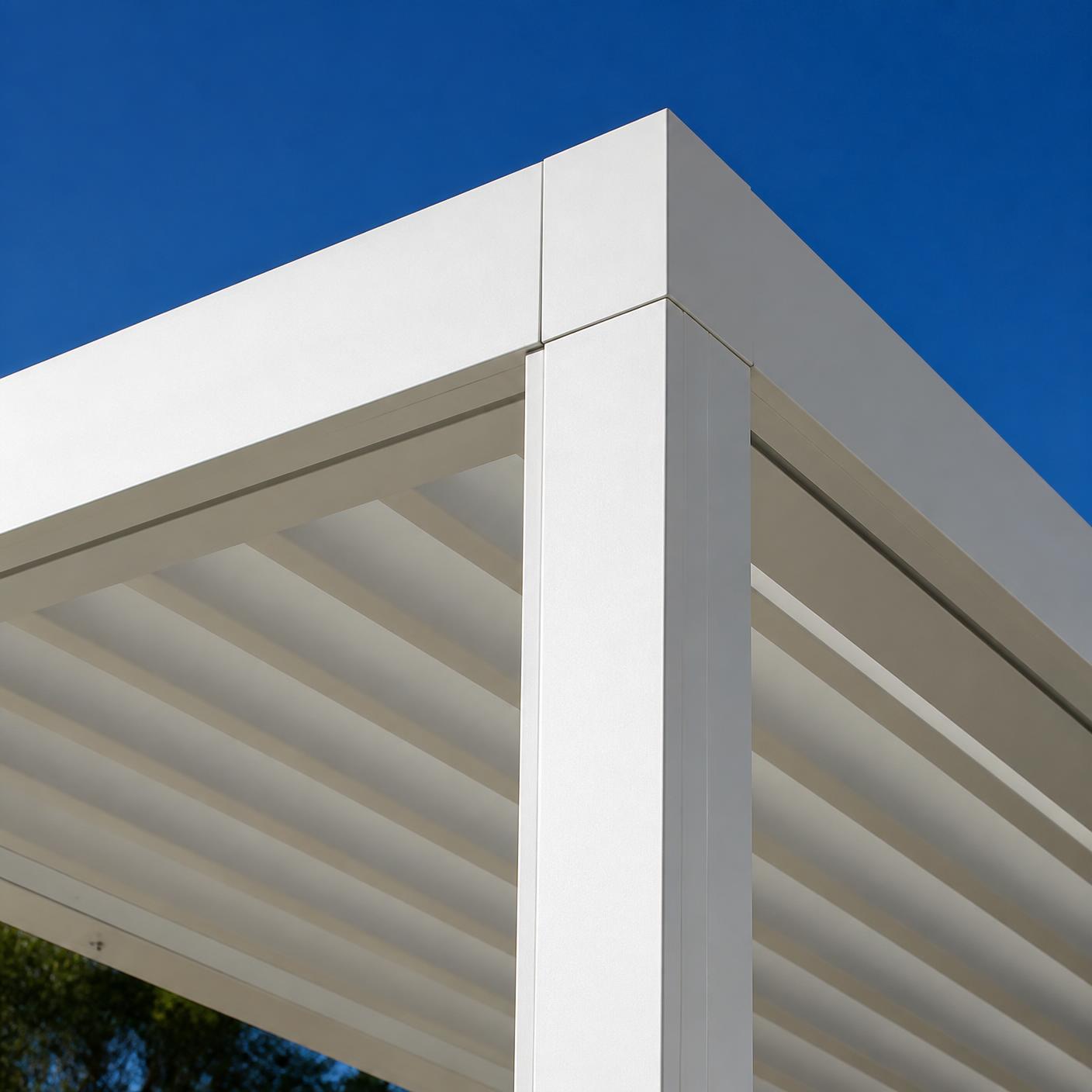 Close-up of a slatted metal roof and clean white beams