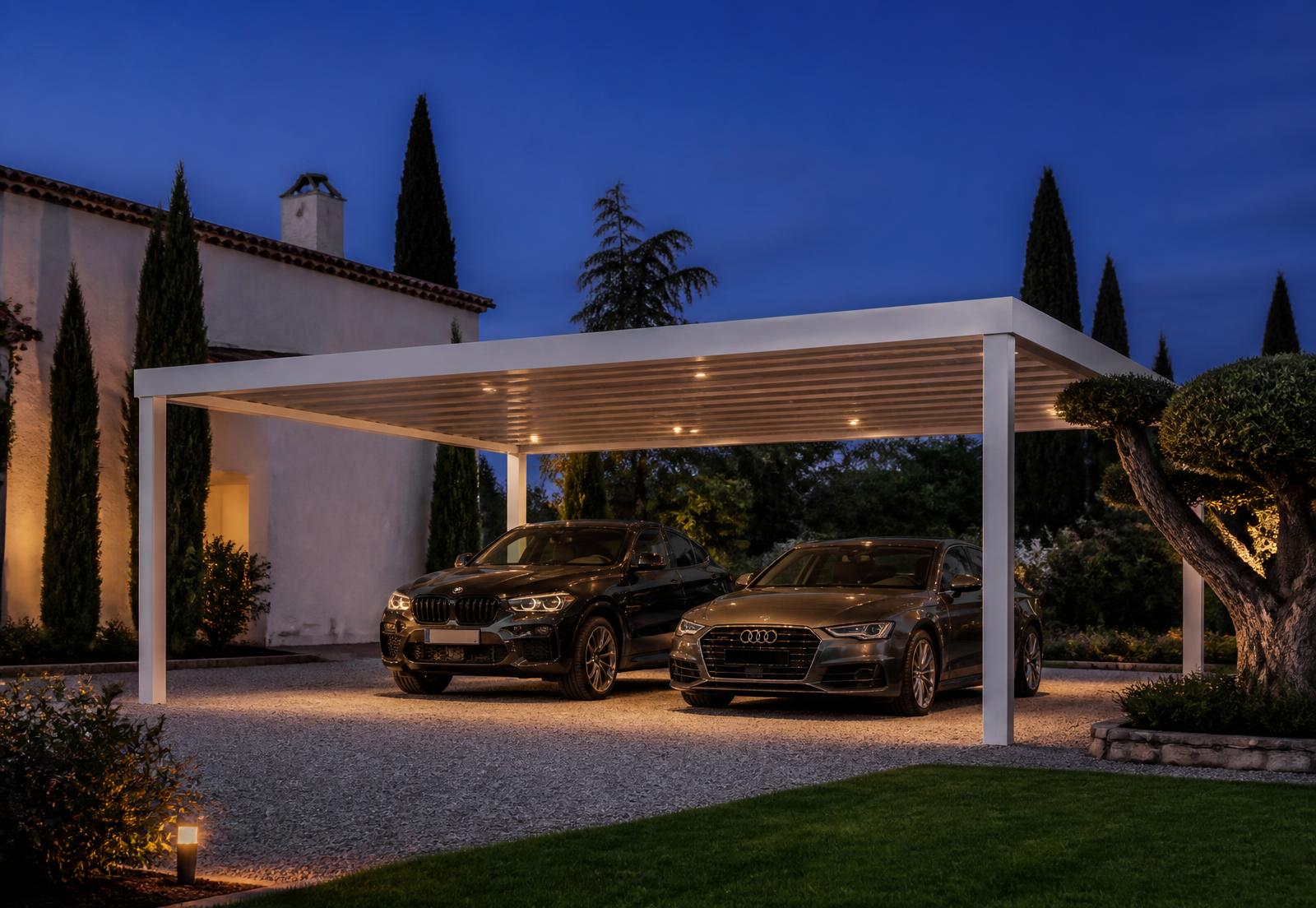 Metal carport structure with mountain views behind