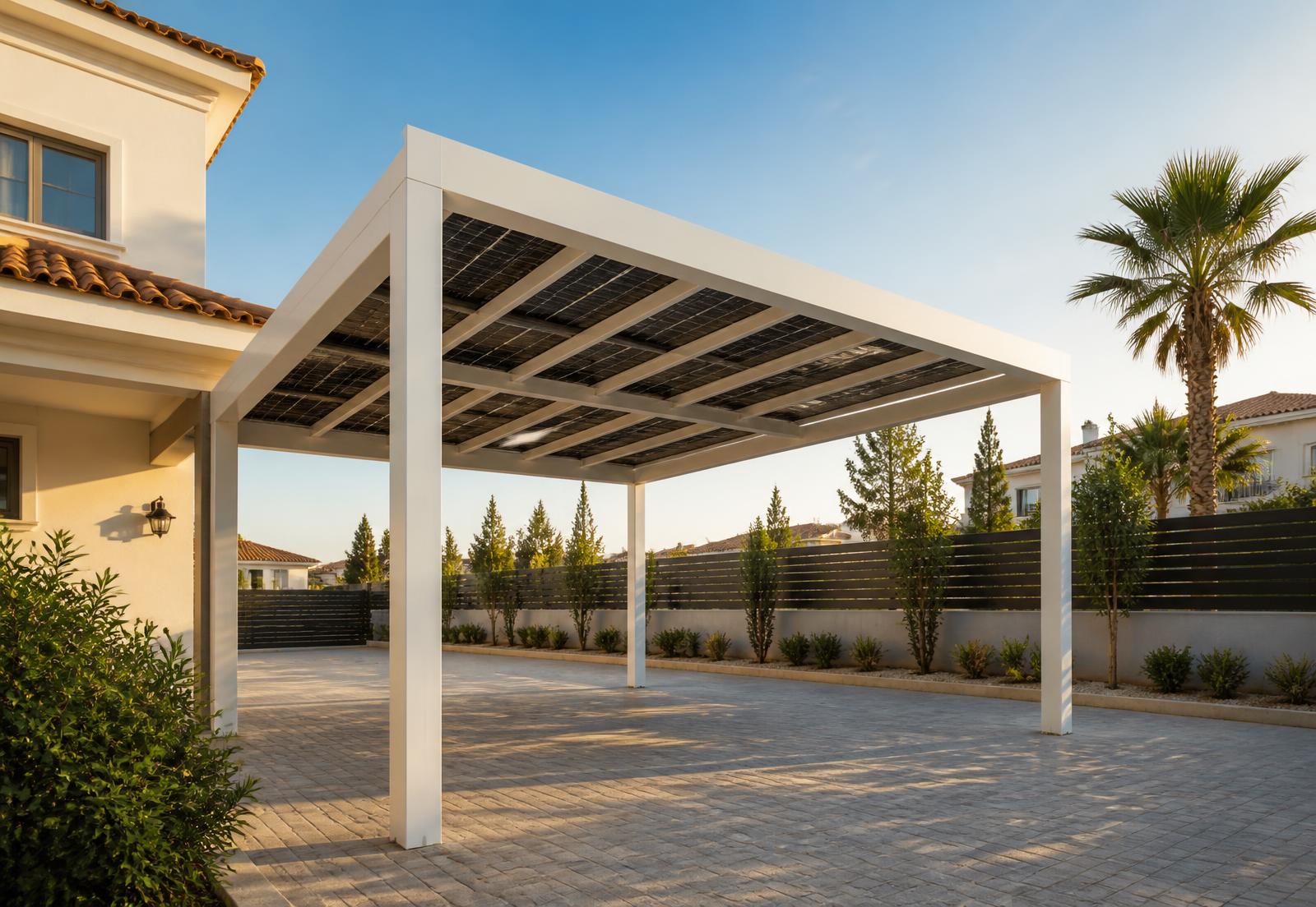 Metal carport with solar panels integrated into the roof