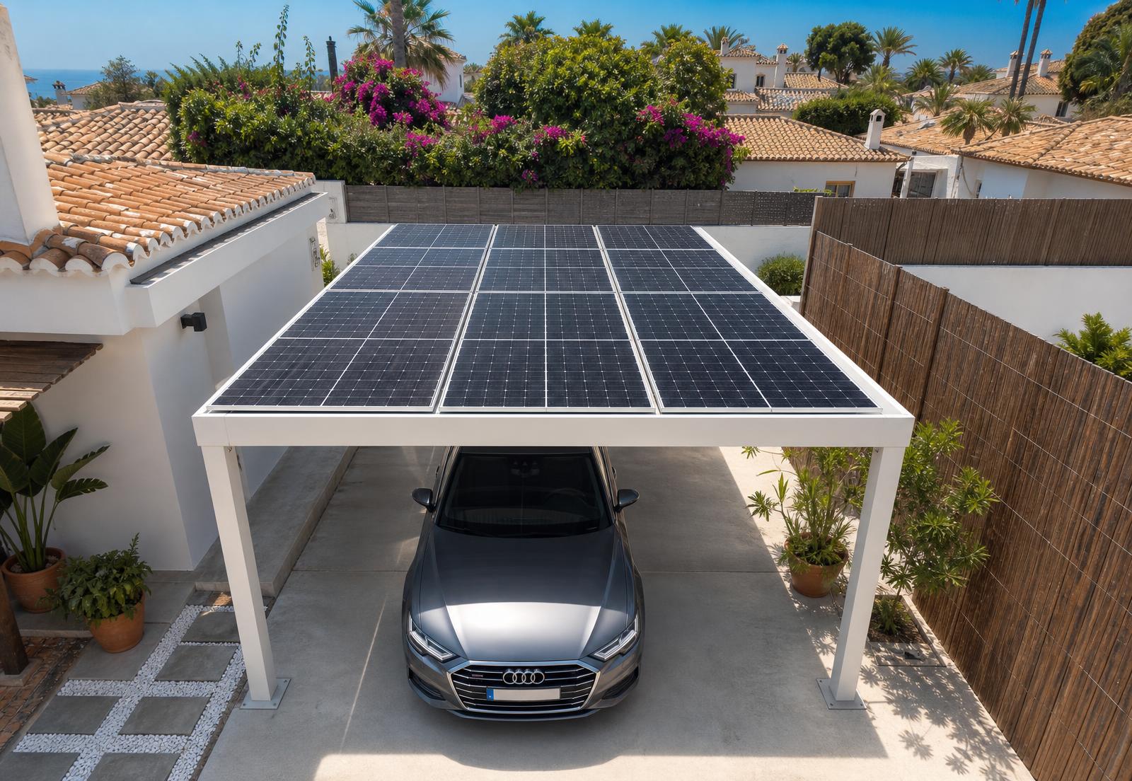 Aerial view of a metal carport roof covered with solar panels